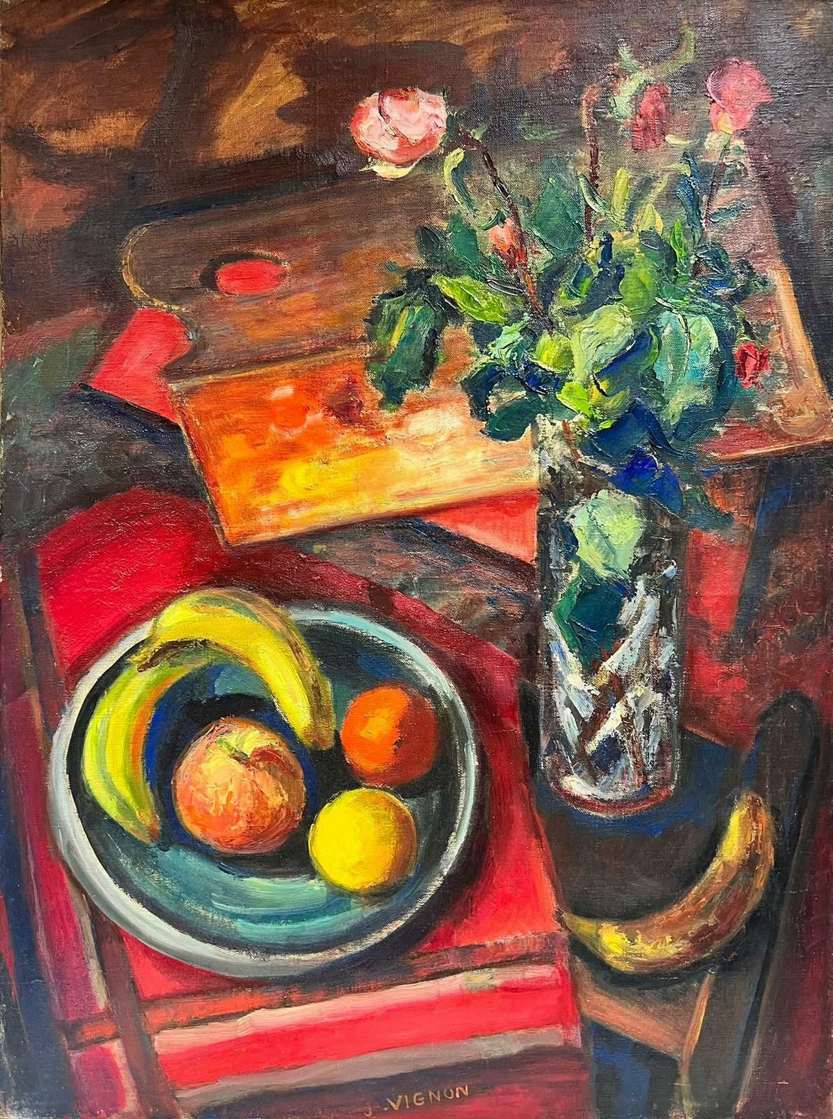Josine Vignon1960's French Post Impressionist Signed Oil Fruit Flowers Artists Palette1960's