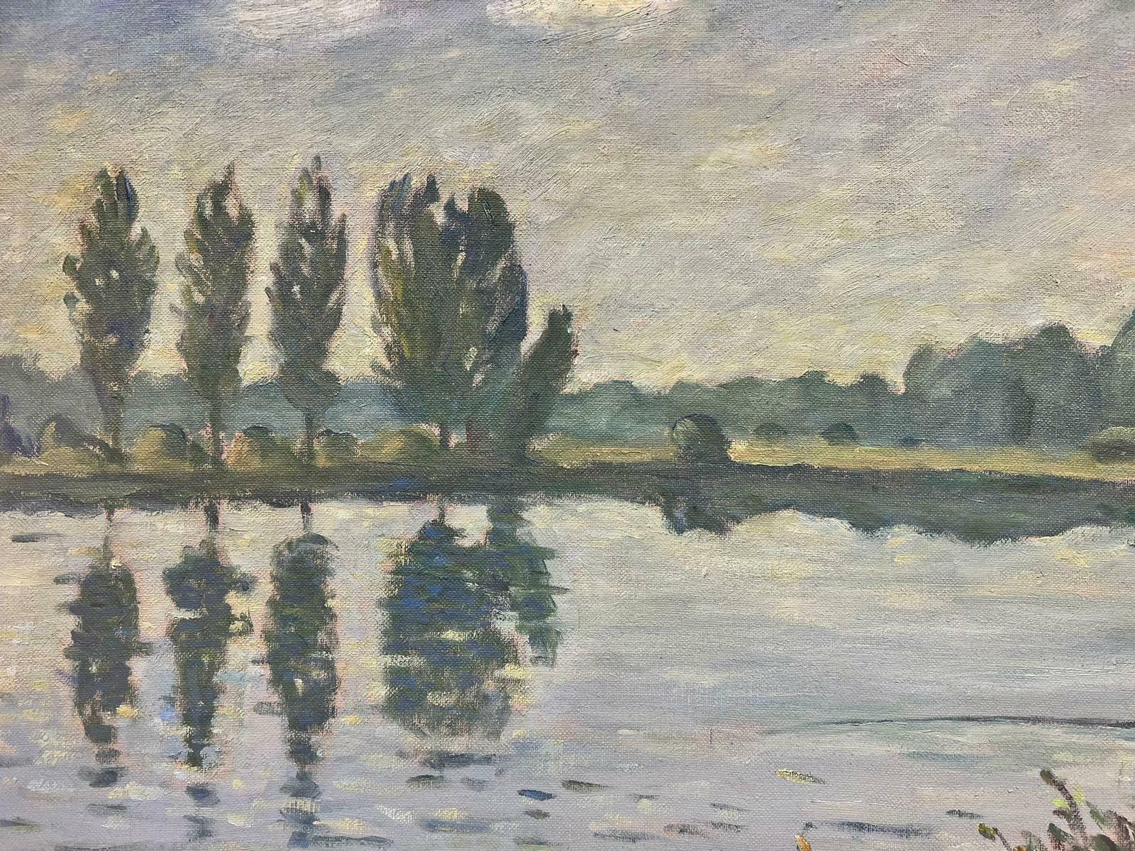Guy Pichonfrench Impressionist Signed Oil Angler Fishing Riverbank Poplar Trees20th Century photo Art