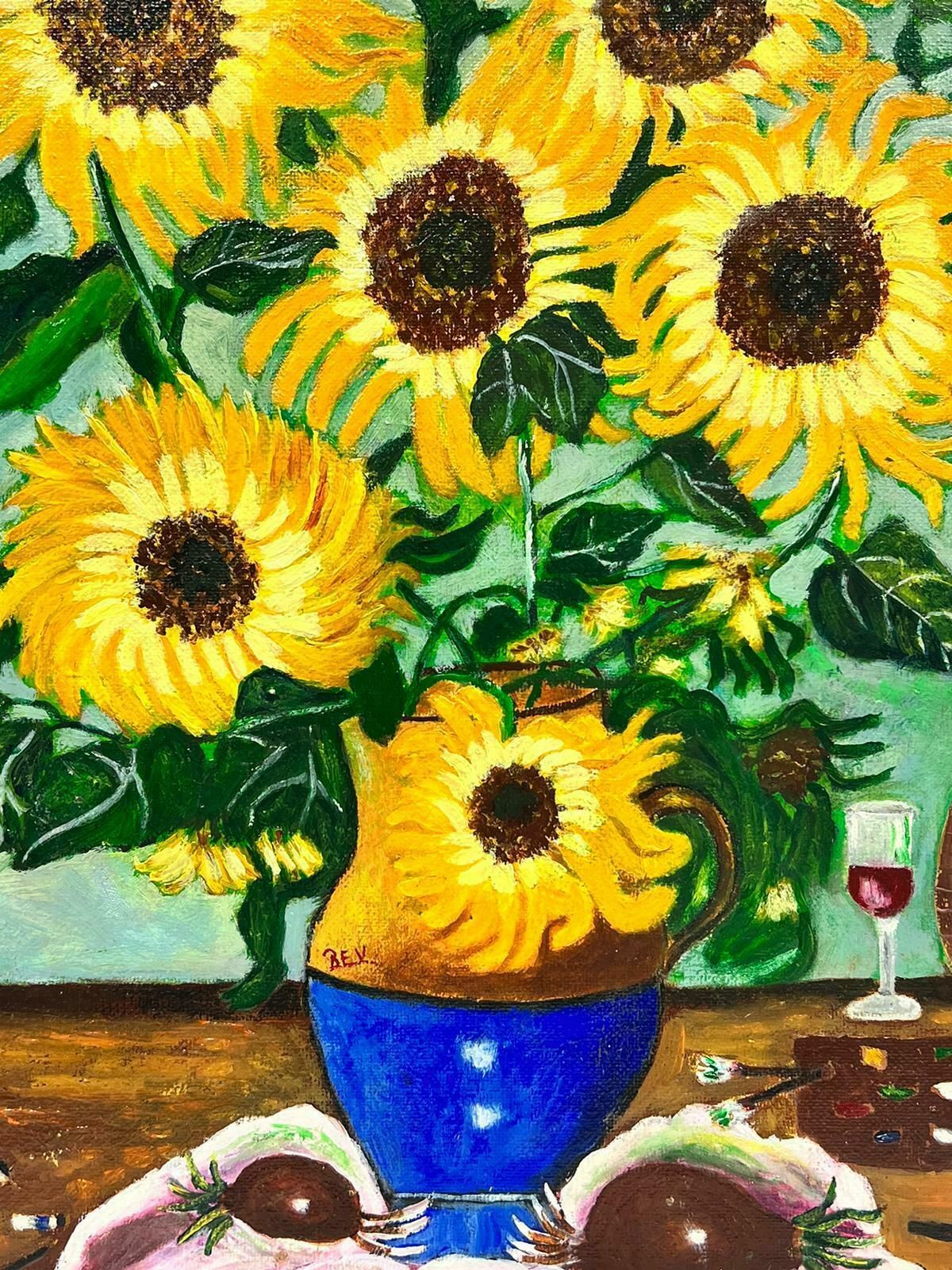Ben Powellcontemporary British Acrylic Painting Sunflowers In Vase photo for sale