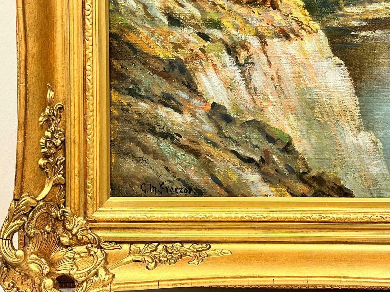 George Mulready Freezorhuge Antique British Signed Oil Extensive River Landscape Hilly Views, Framed19th Century photo Art