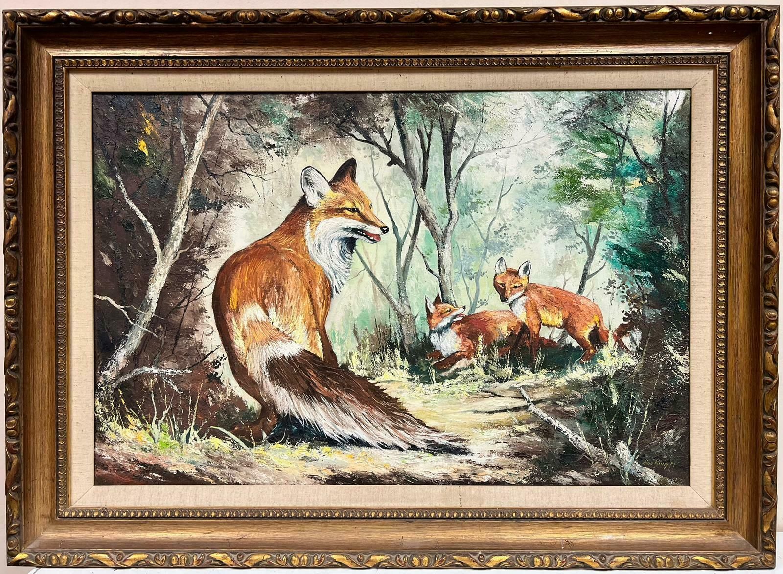 Alan Kingthe Fox And Cubs In Woodland Signed British Oil Painting20th Century
