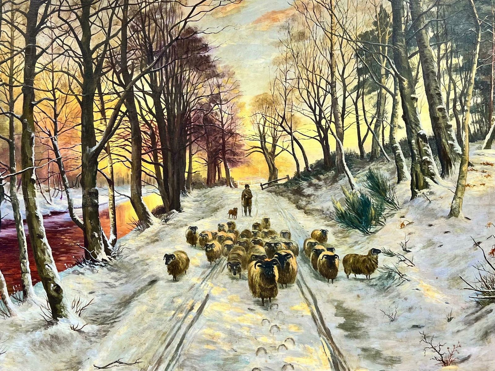 Scottish Schoolhuge Scottish Signed Painting Sheep In Winter Snowy Sunset Landscape