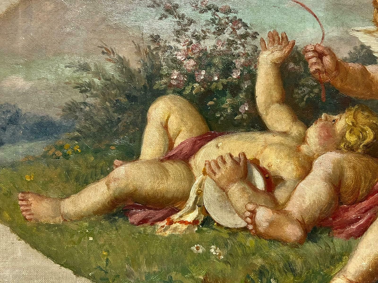 Continental School`19thc French/ Italian School Oil, Cherubs Playing In Landscape, Wild Flowers photo Art