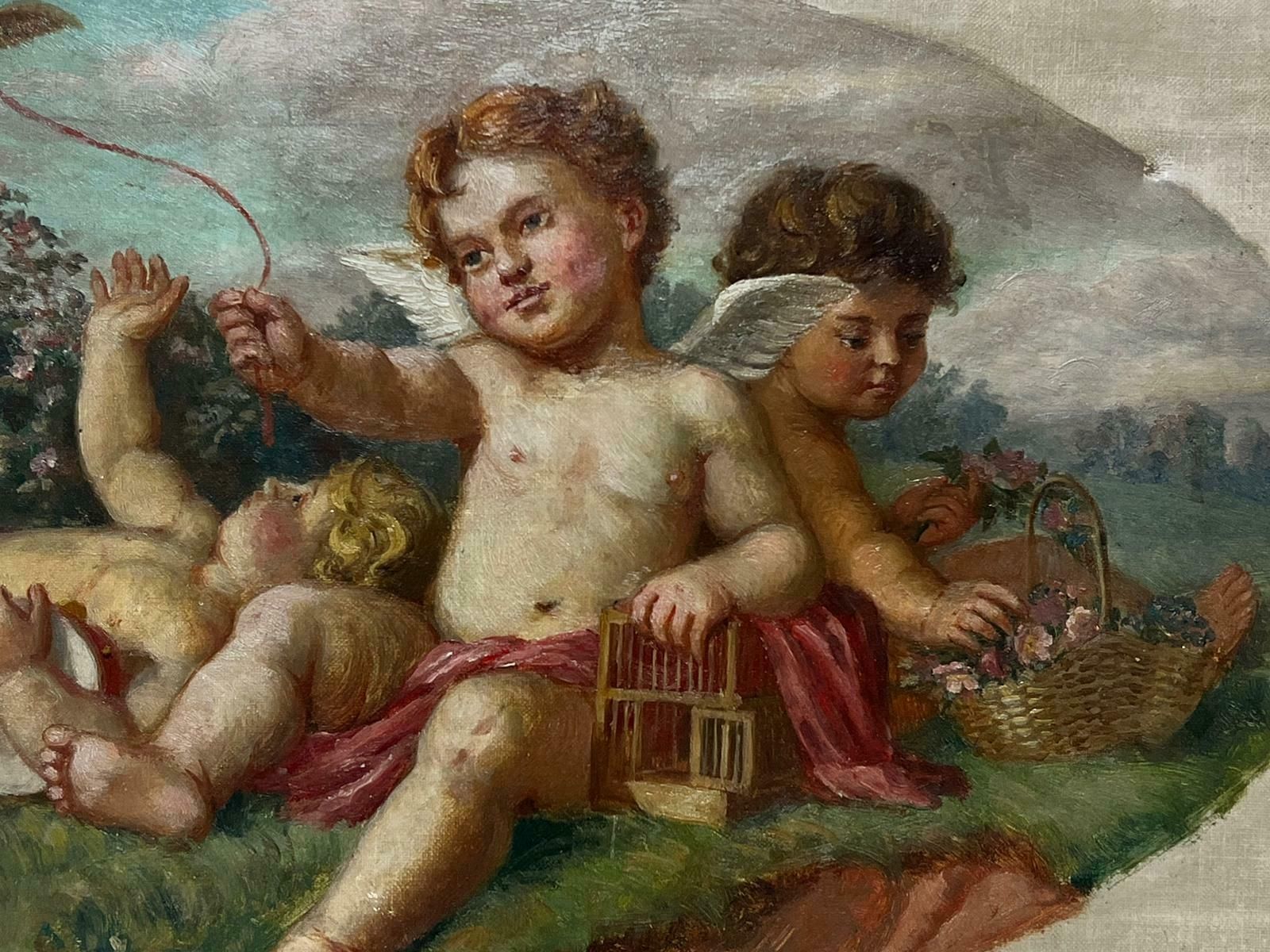 Continental School`19thc French/ Italian School Oil, Cherubs Playing In Landscape, Wild Flowers photo vinterior