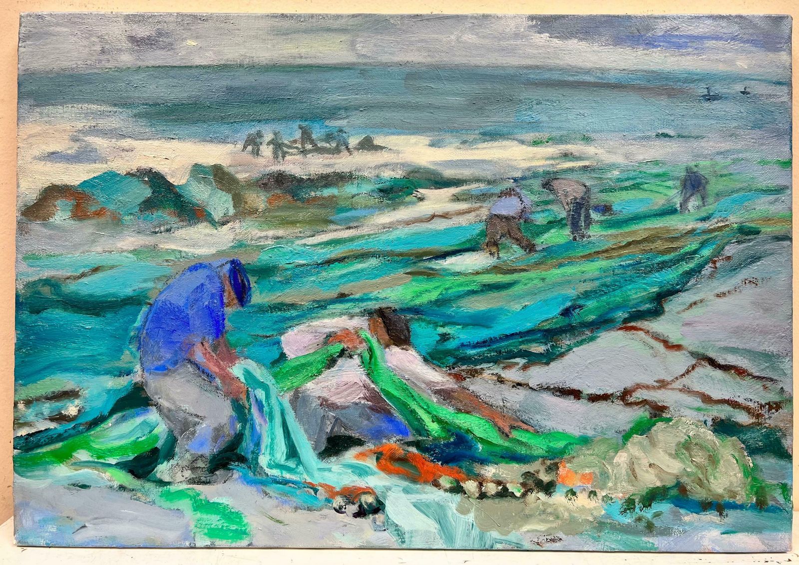 French Schoolfrench Modernist Contemporary Oil Painting Fishermen Tending Nets On Beachc. 2000's photo furniture