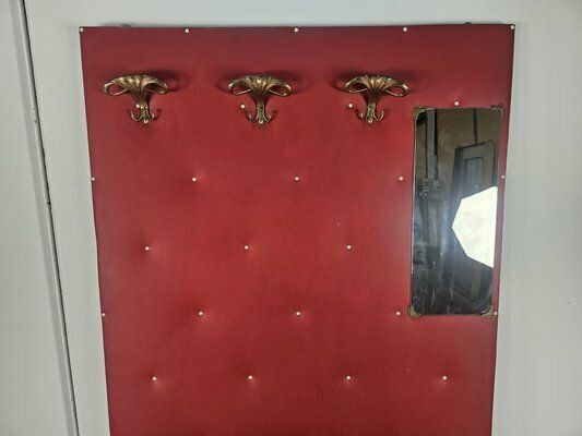 Vintage Coat Hanger In Red Skai With Brass Hooks And Mirror, 1960 photo for sale