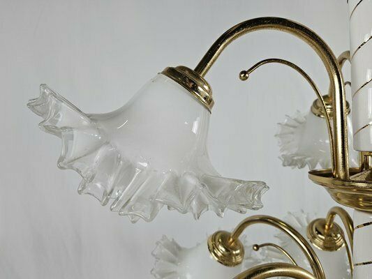 Large Ceramic Chandelier In Brass And Murano Glass, Italy, 1970s photo for sale