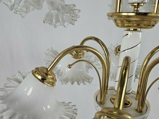 photo furniture Large Ceramic Chandelier In Brass And Murano Glass, Italy, 1970s