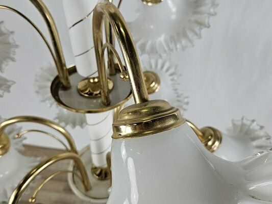 photo for sale Large Ceramic Chandelier In Brass And Murano Glass, Italy, 1970s