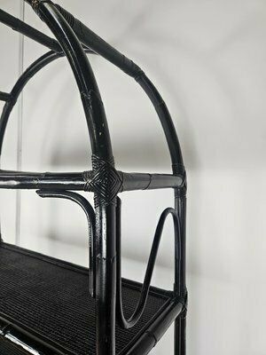 photo furniture Large Mid Century Black Wicker Bookcase With Shelves, 1970s