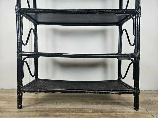 Furniture Large Mid Century Black Wicker Bookcase With Shelves, 1970s photo