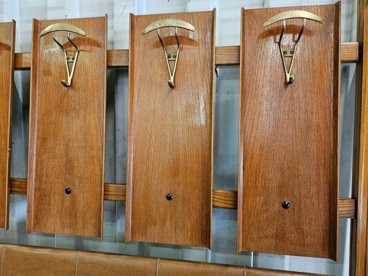 Wooden Wall Coat In Skai With Brass Hangers, Italy, 1950s photo vintage