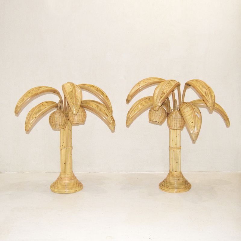 Rattan Palm Table Lamps, Set Of 2 photo for sale