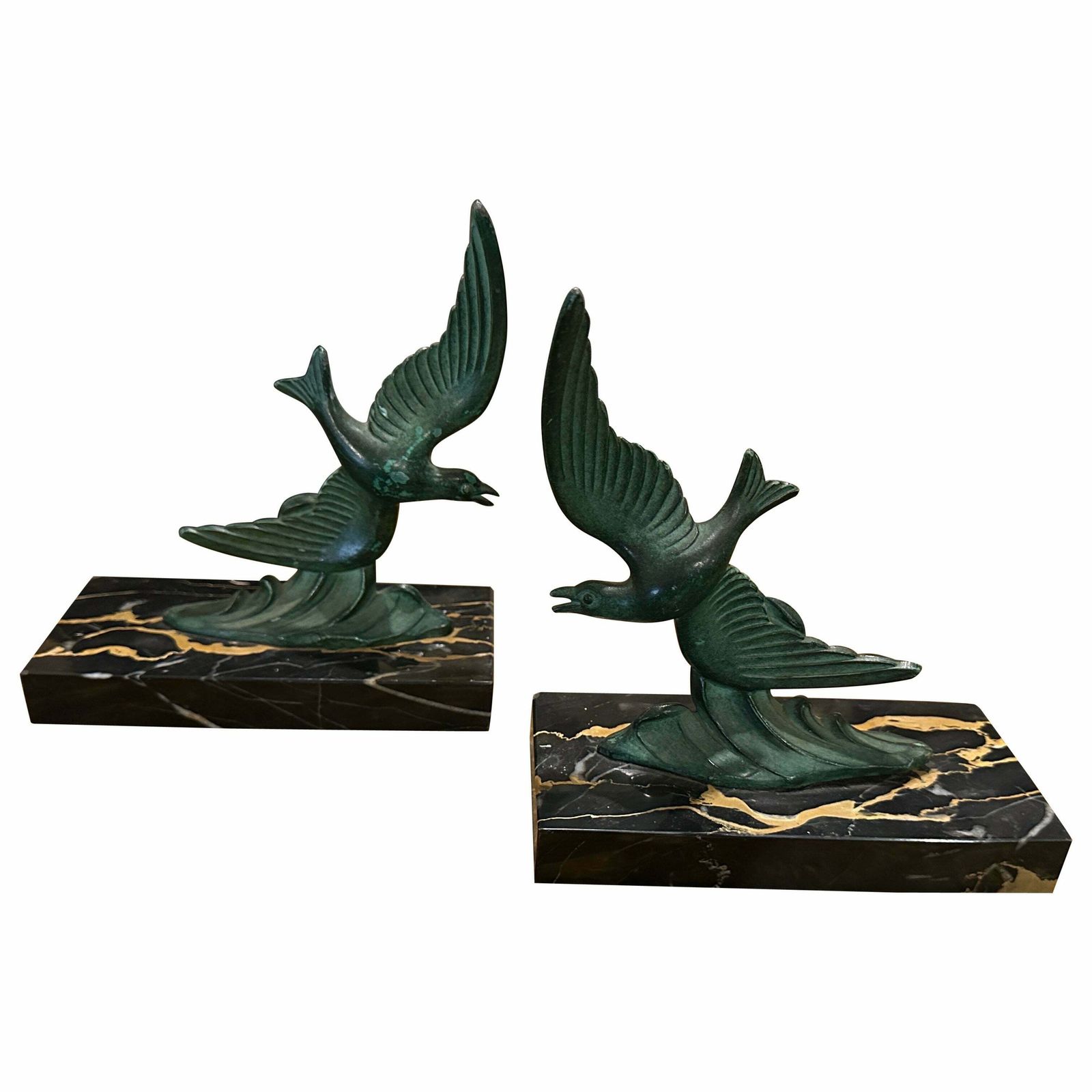 1930s Art Deco Marble And Green Metal French Birds Bookends