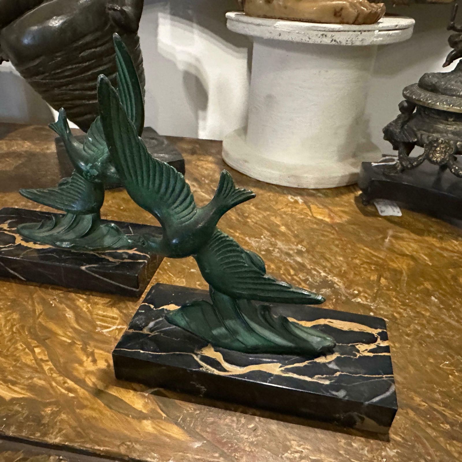 1930s Art Deco Marble And Green Metal French Birds Bookends photo 548.0