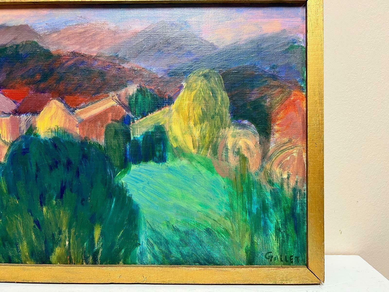 20th Century French School 1980's French Post Impressionist Signed Oil Green Ochre Color Landscape Houses 1982 photo for sale