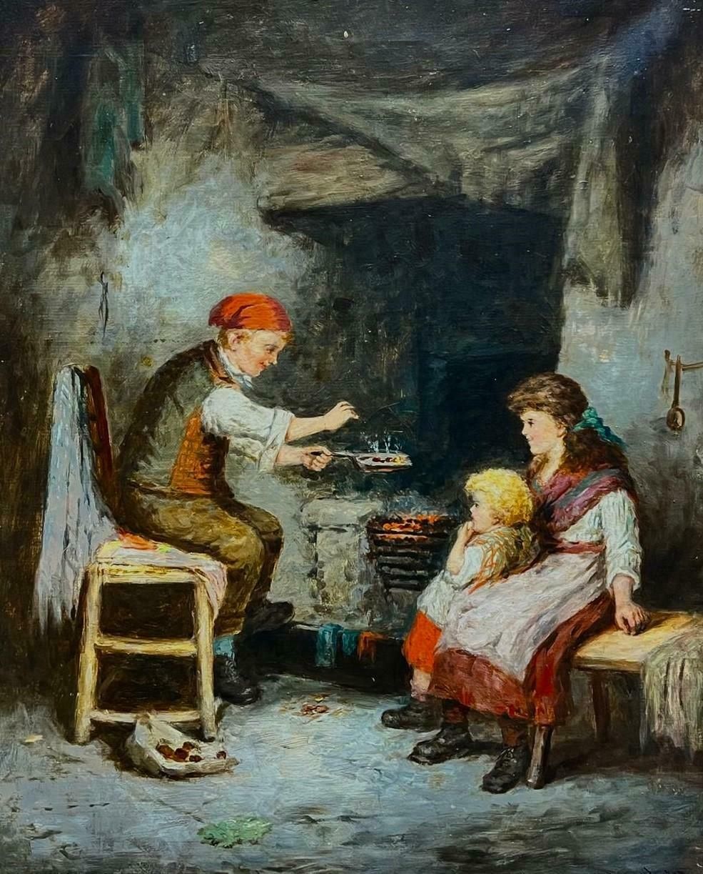 Victorian Oil Painting Young Family Roasting Chestnuts By Fireside Cottage
