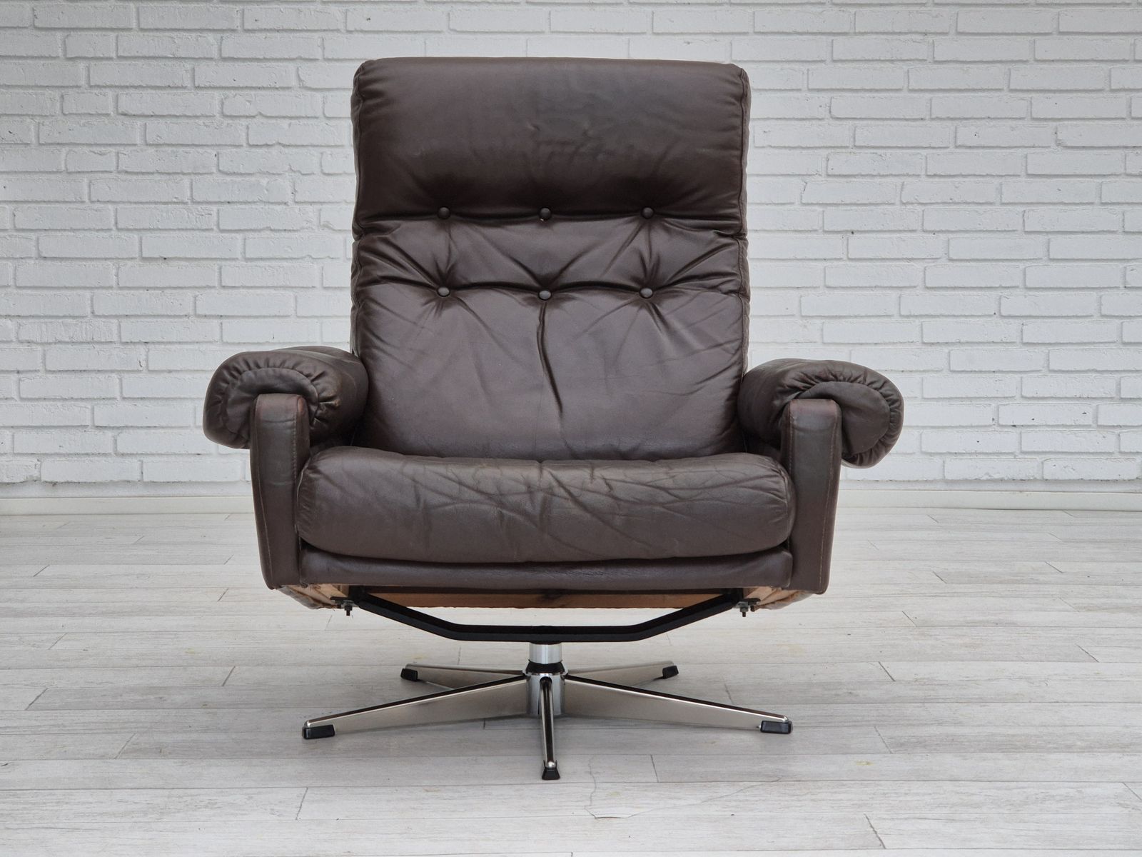 1970s, Danish Swivel Chair, Original Condition, Brown Furniture Leather. photo for sale