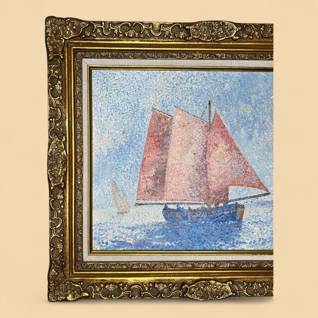 The Old Ship, Pointillist Landscape, Oil On Canvas Painting photo for sale