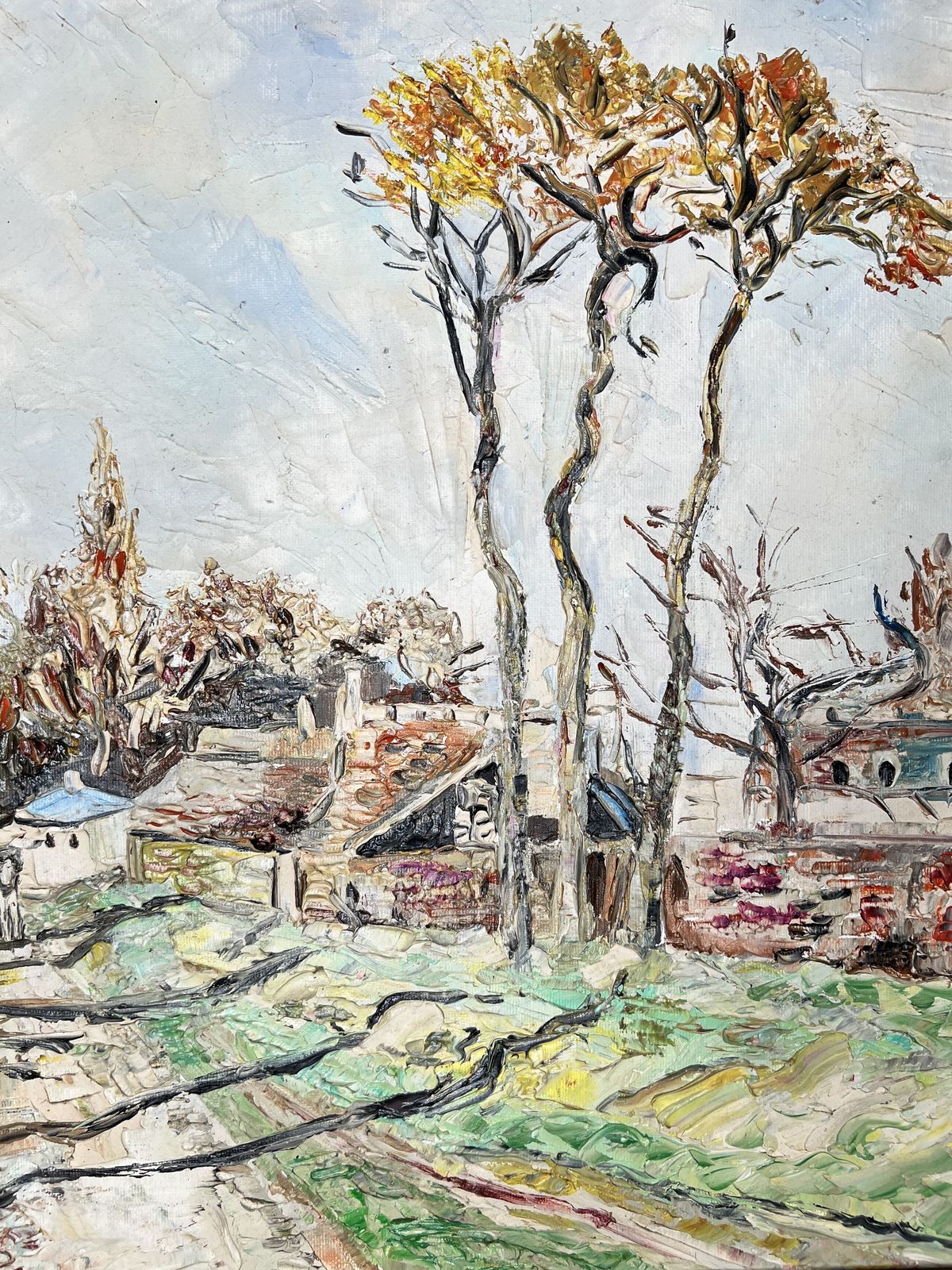 Village Street, Oil On Canvas Landscape Painting photo Art