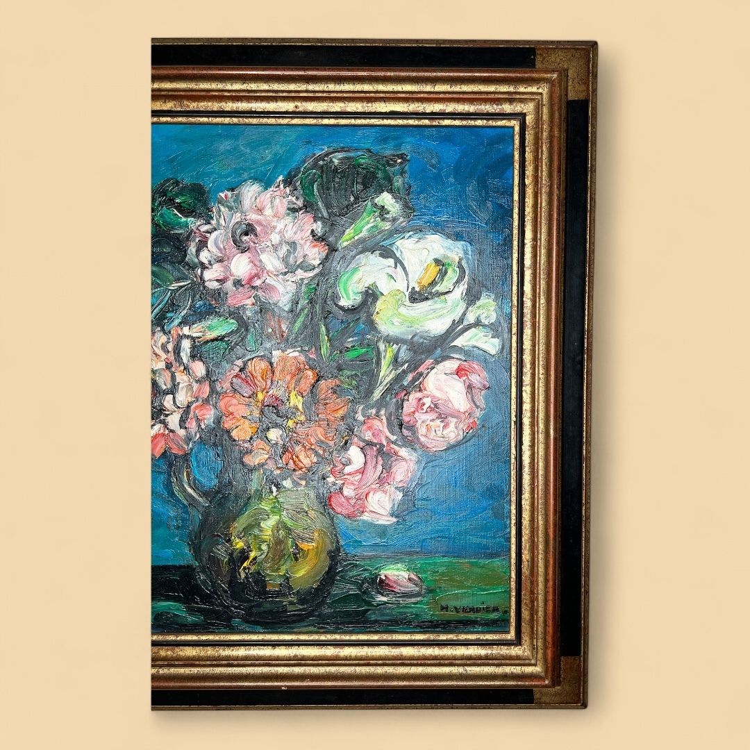 The Zinnias, Oil On Canvas Painting photo for sale