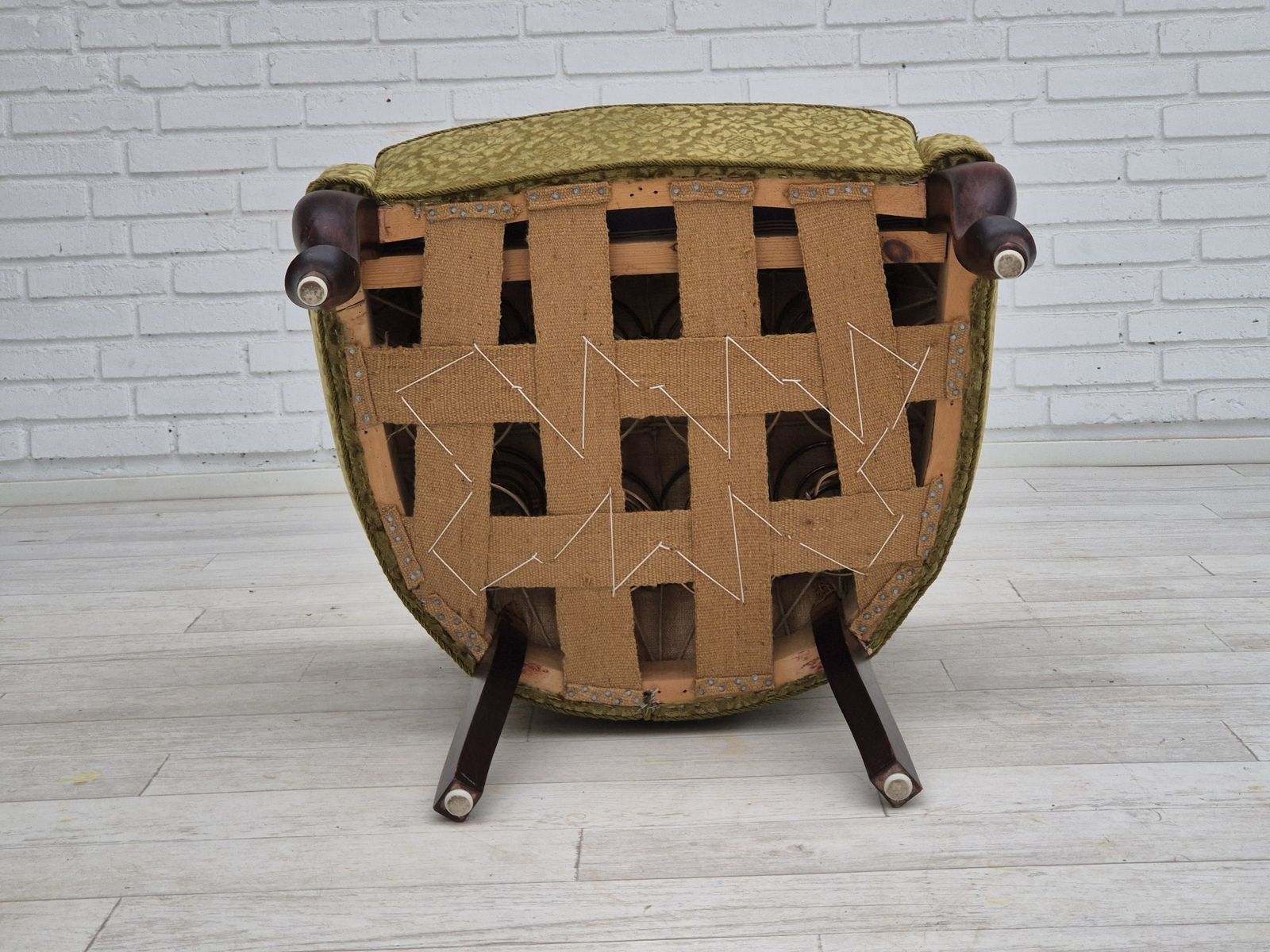 photo for sale 1950s, Danish Lounge Chair, Reupholstered, Green Furniture Fabric.