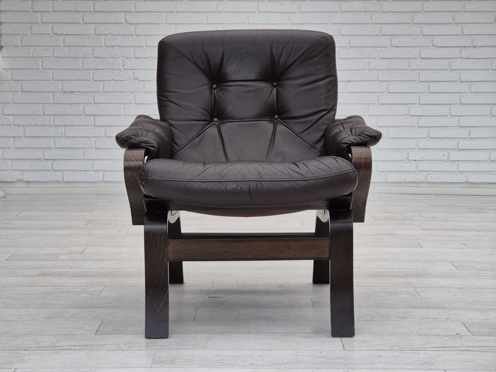 1970s, Scandinavian Lounge Chair In Original Condition, Brown Leather, Dark Bent Wood. photo for sale