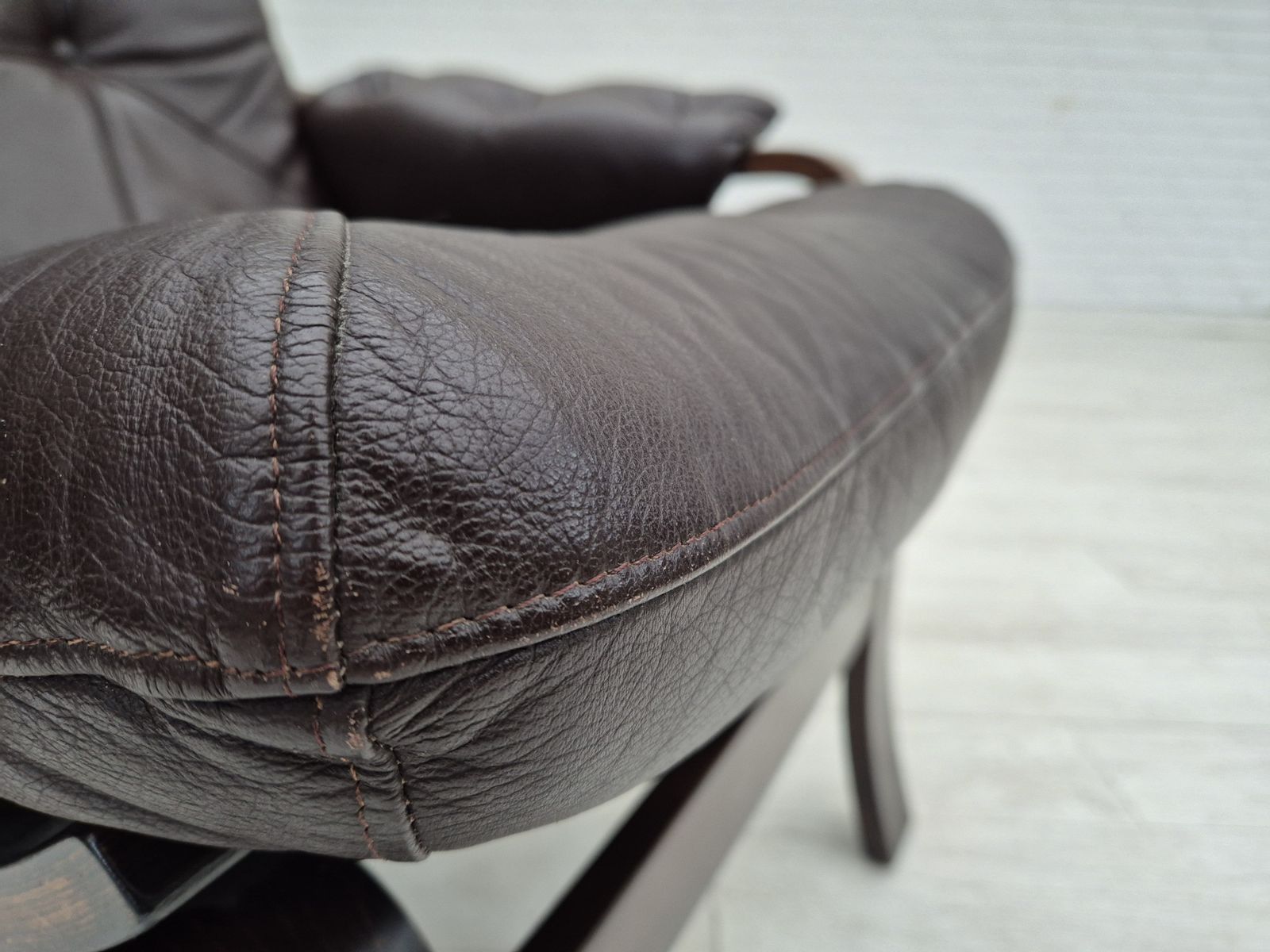 Furniture 1970s, Scandinavian Lounge Chair In Original Condition, Brown Leather, Dark Bent Wood. photo