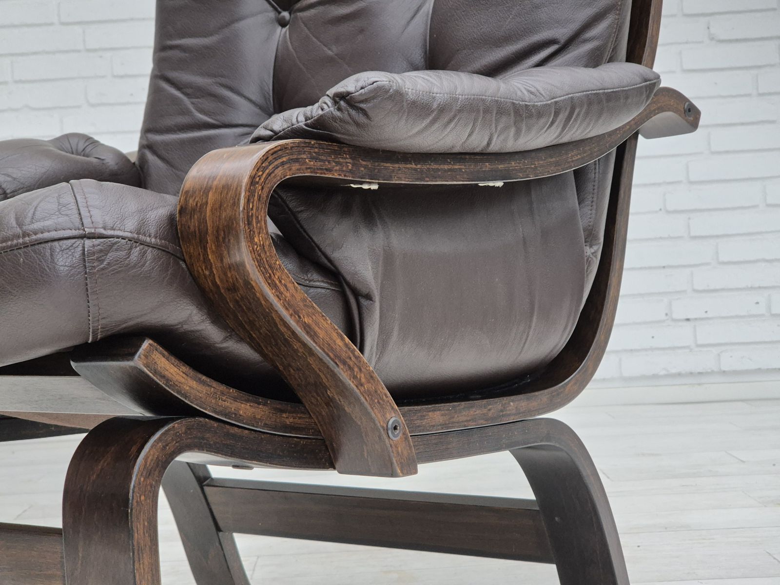 1100.0 1970s, Scandinavian Lounge Chair In Original Condition, Brown Leather, Dark Bent Wood. photo