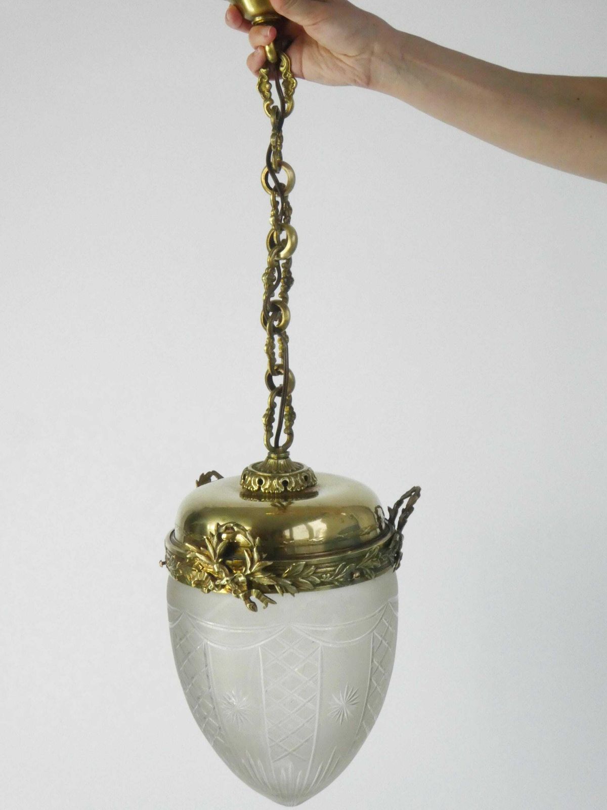 Antique Art Nouveau Chandelier With Brass, Elegant French Lamp With Cut Glass, Crystal Teardrop Pendant, Ceiling Lamp photo for sale