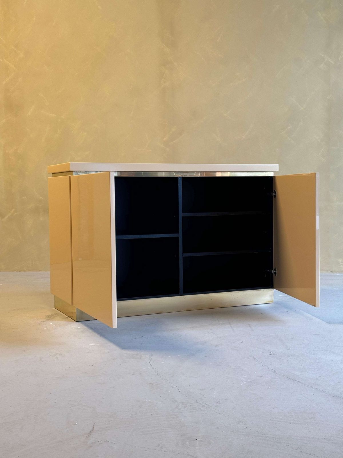 Cream Lacquered And Brass Small Jean Claude Mahey Cabinet, 1970s photo vinterior