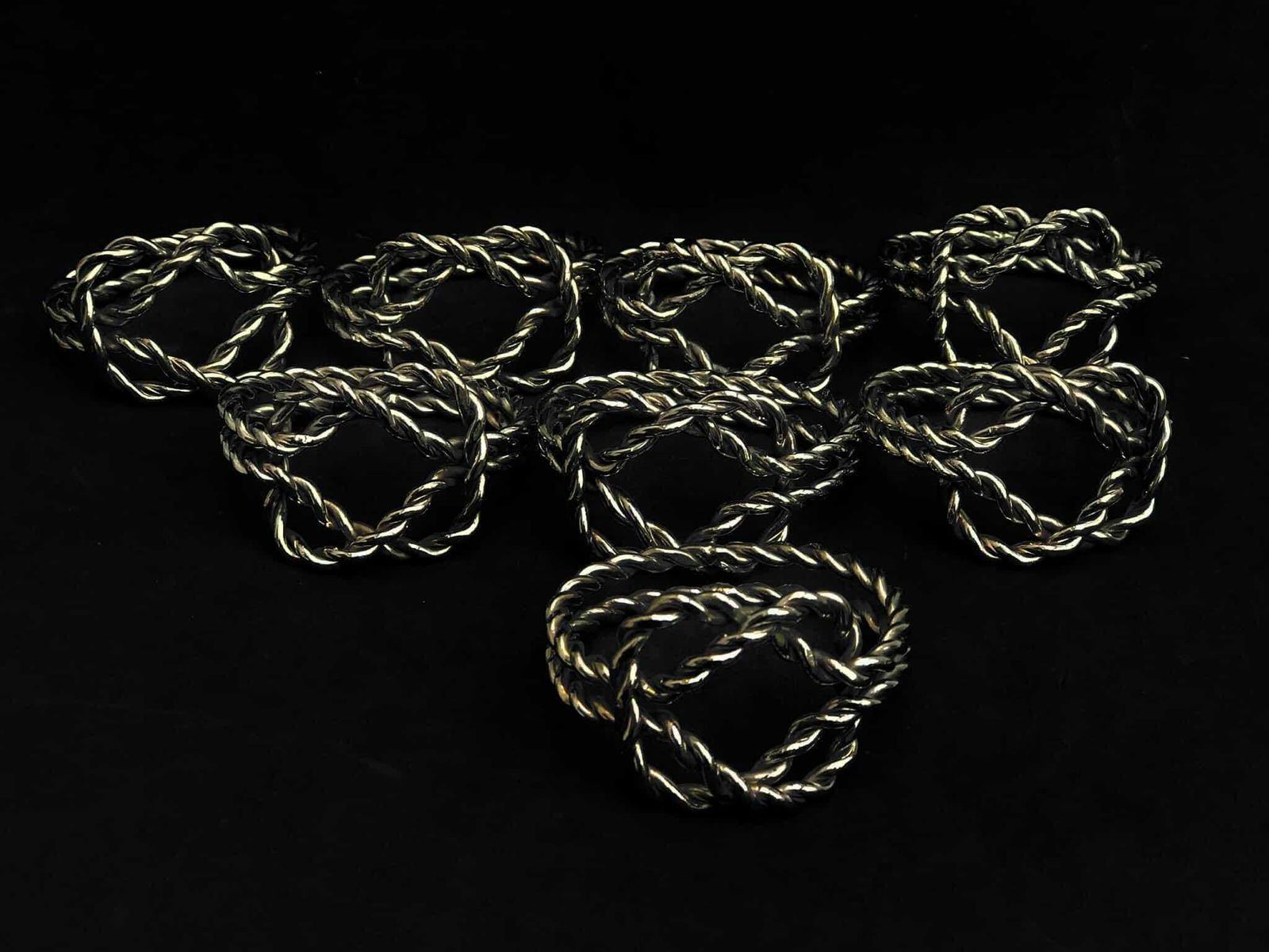 Vintage Napkin Rings Chain Bow Decor Silver Plated Metal France 8 Holder Serviette Rings Hostess Gift 1960s