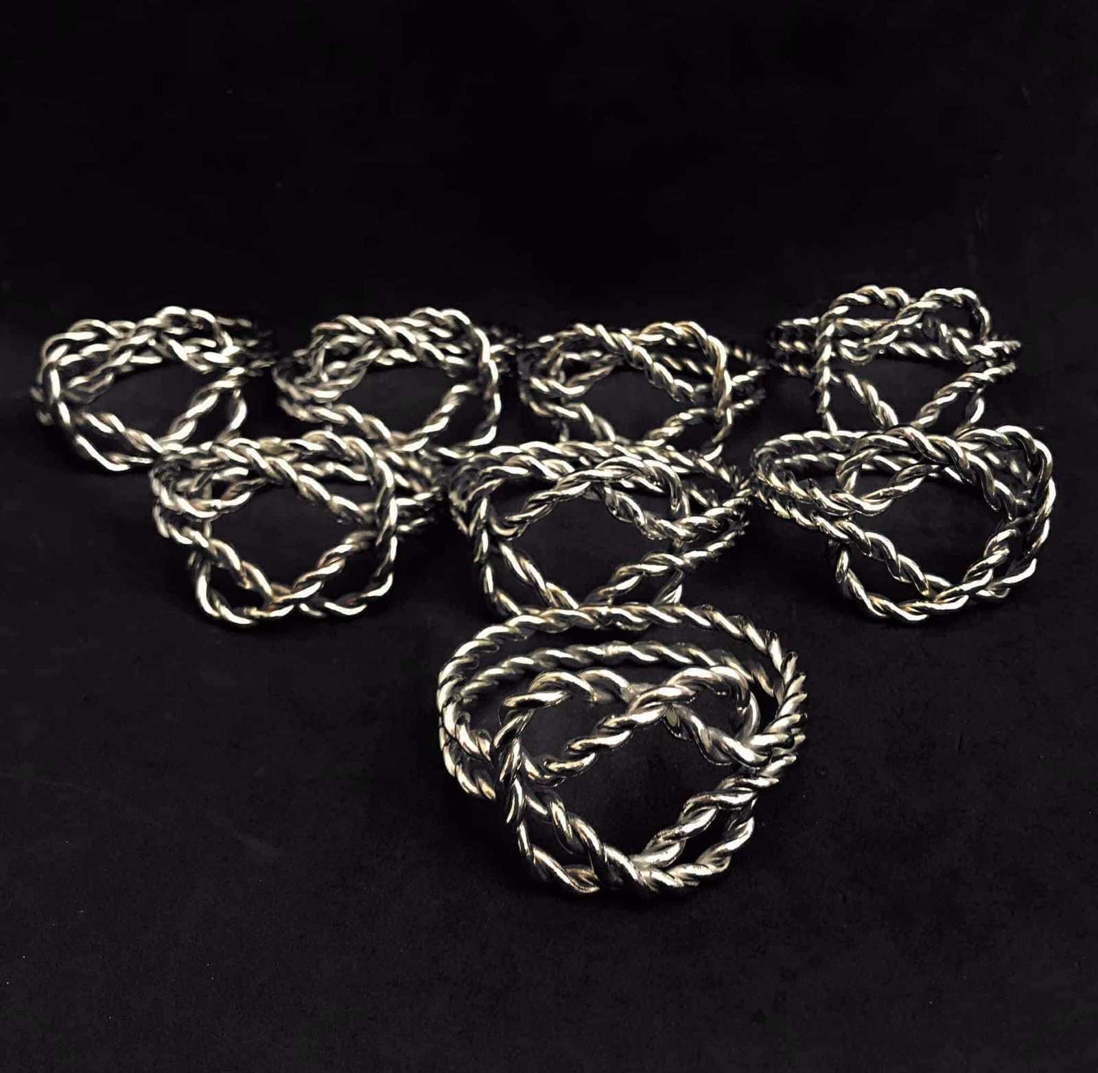 Vintage Napkin Rings Chain Bow Decor Silver Plated Metal France 8 Holder Serviette Rings Hostess Gift 1960s photo furniture