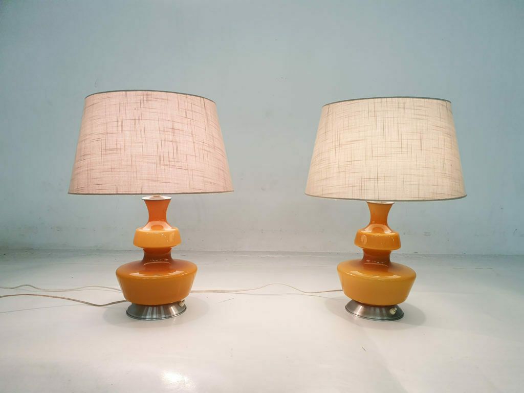 Set Of Two Mid Century Yellow Glass Table Lights, Belgium 1960's photo for sale