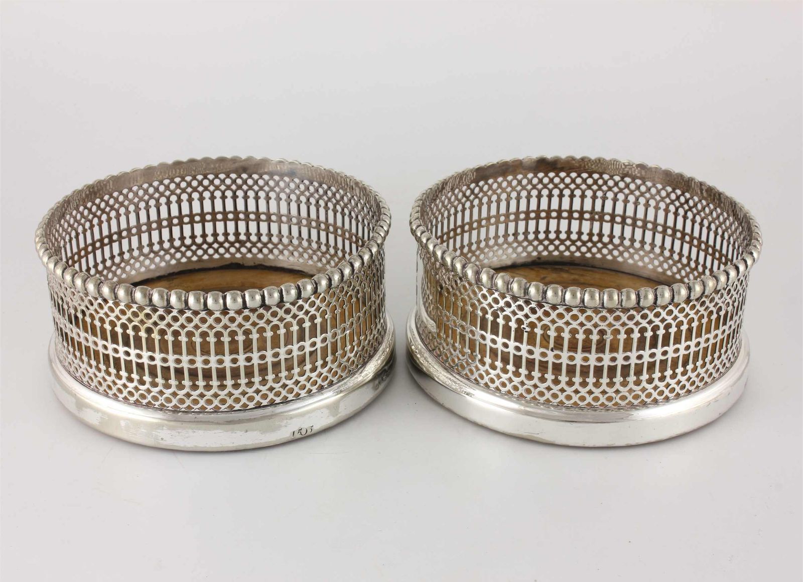 photo furniture Pair Large Wine Bottle Coasters. Silver Plate Champagne Holders. C1850.