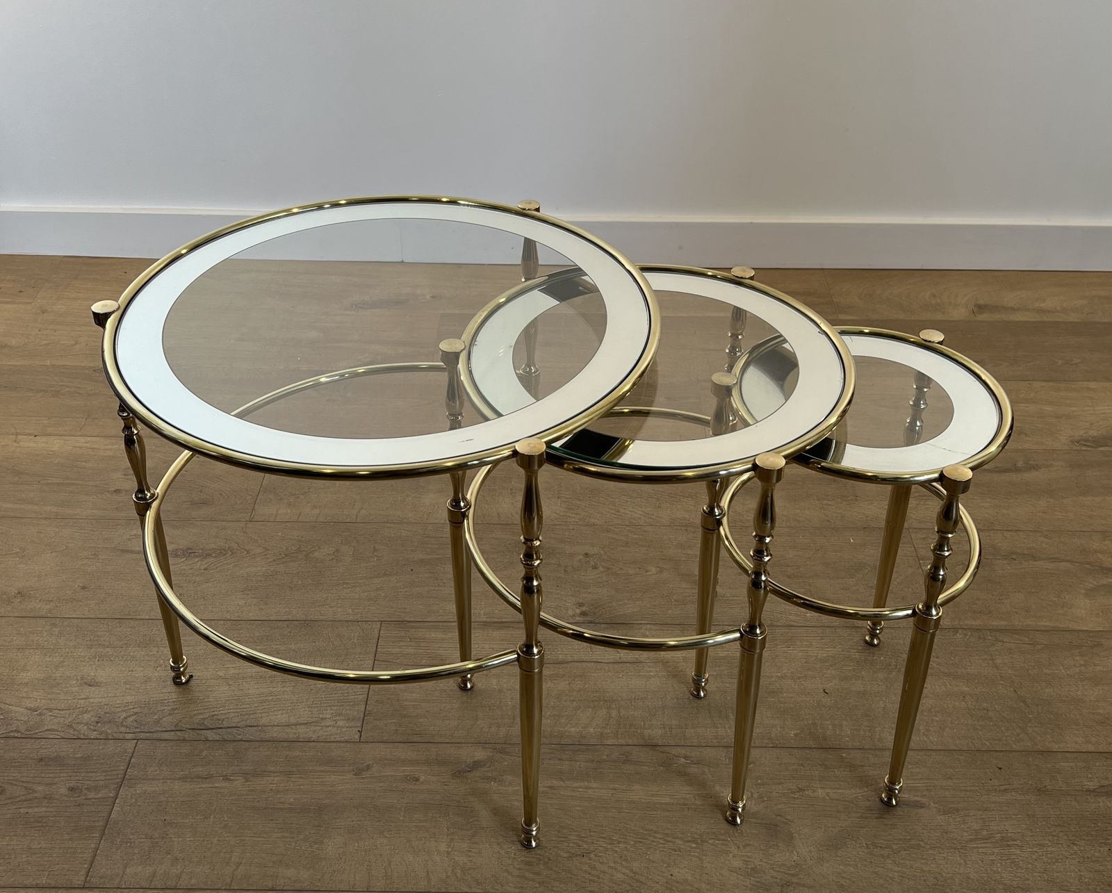 Set Of 3 Round Brass Nesting Tables With Glass Tops And Silver Rims photo furniture