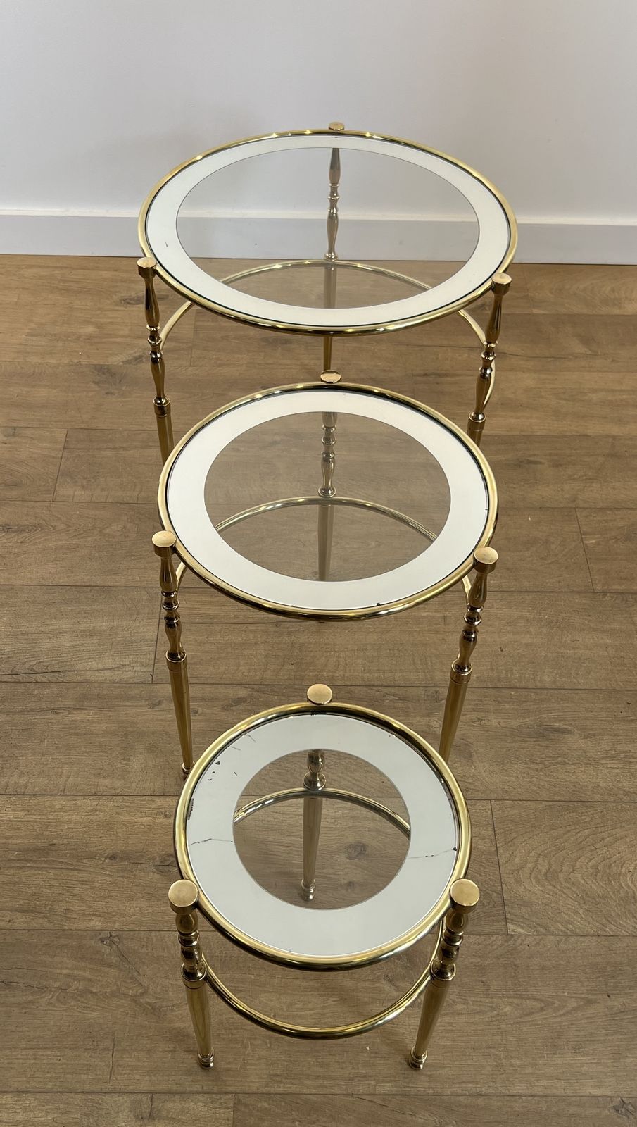 Set Of 3 Round Brass Nesting Tables With Glass Tops And Silver Rims photo Furniture