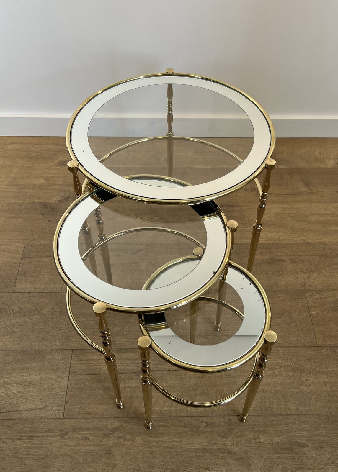Set Of 3 Round Brass Nesting Tables With Glass Tops And Silver Rims photo vinterior