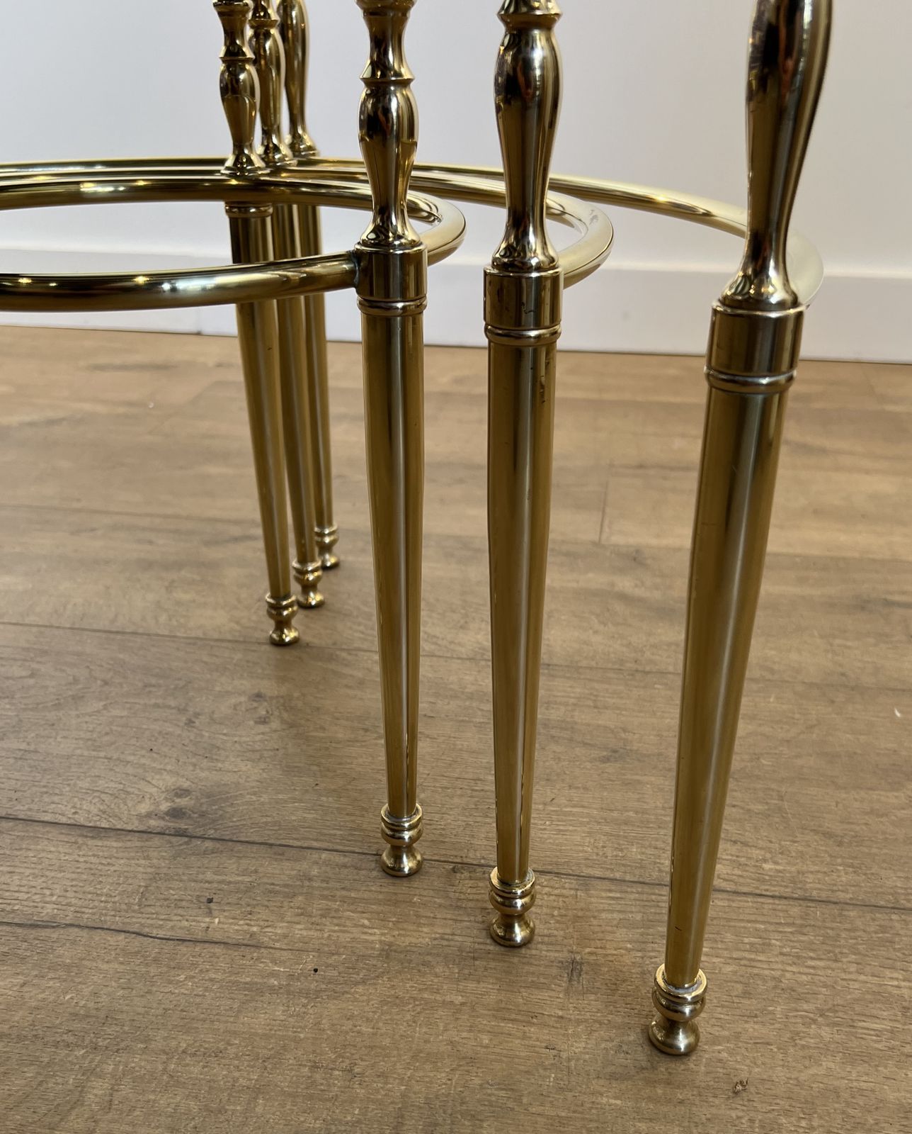 Furniture Set Of 3 Round Brass Nesting Tables With Glass Tops And Silver Rims photo