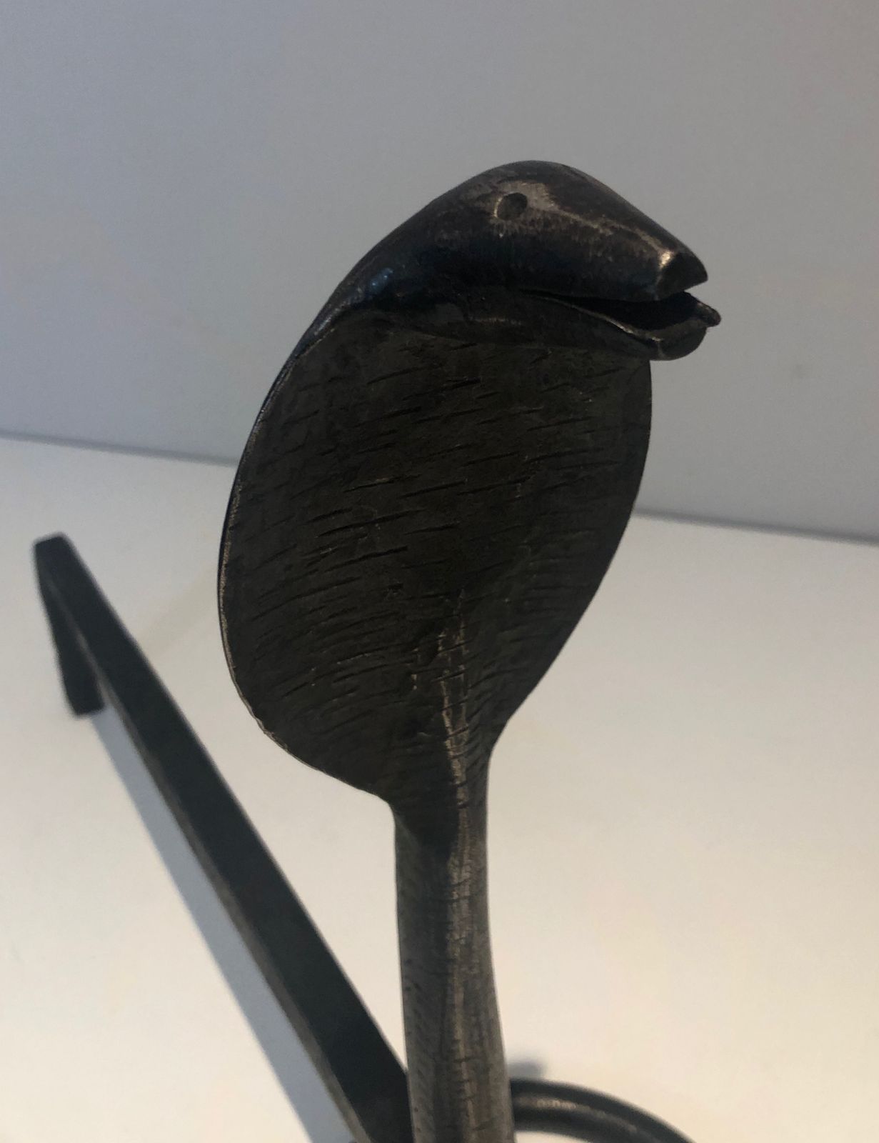 Pair Of Wrought Iron Cobra Andirons In The Style Of Edgar Brandt photo for sale