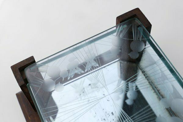 Art Deco Jewelry Box In Facet Cut Glass And Oak, 1930s photo vintage