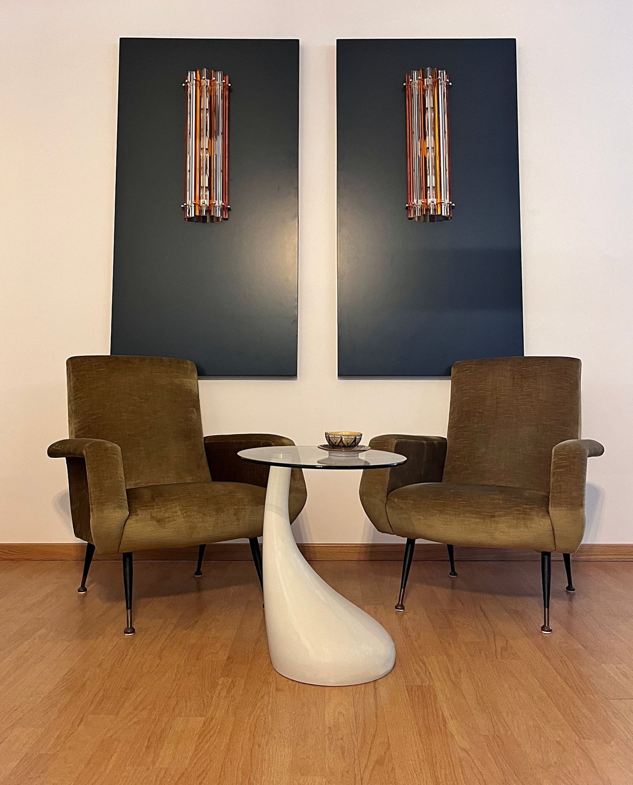 Pair Of Vintage Murano Wall Sconce – Clear And Amber Triedri   Column Model photo vinterior