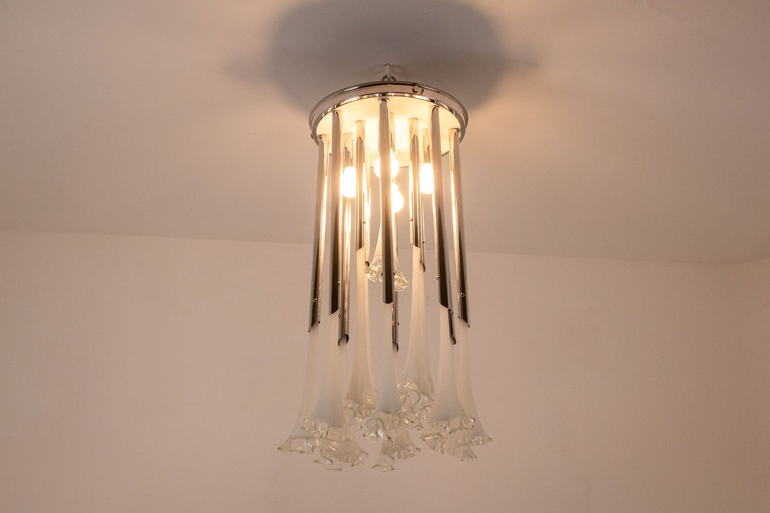 Chandelier In Murano Glass And Chrome Metal. 1970s. photo for sale