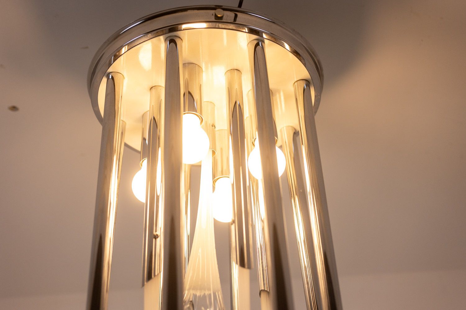 photo furniture Chandelier In Murano Glass And Chrome Metal. 1970s.