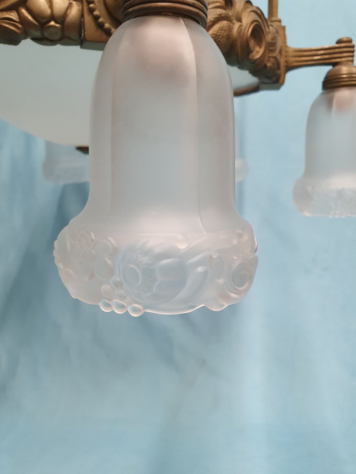 Early 20th Century Pair Of Large Brass Hall Lights With Glass Shades 26" photo buy