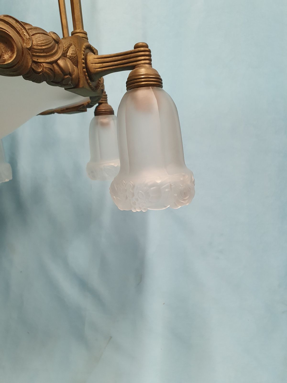photo furniture Early 20th Century Pair Of Large Brass Hall Lights With Glass Shades 26"