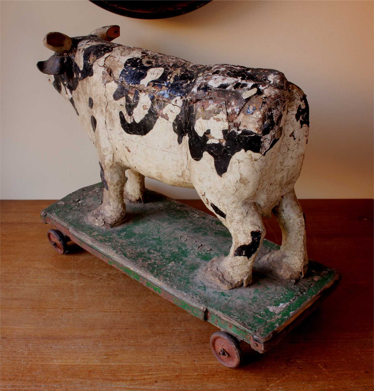 photo buy Antique Wooden Folk Art Cow Trolley. Rustic French Butchers Shop Display.