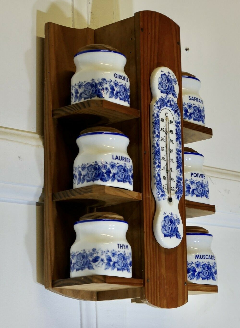 French Wall Hanging Blue And White Spice Jars With Thermometer photo vinterior