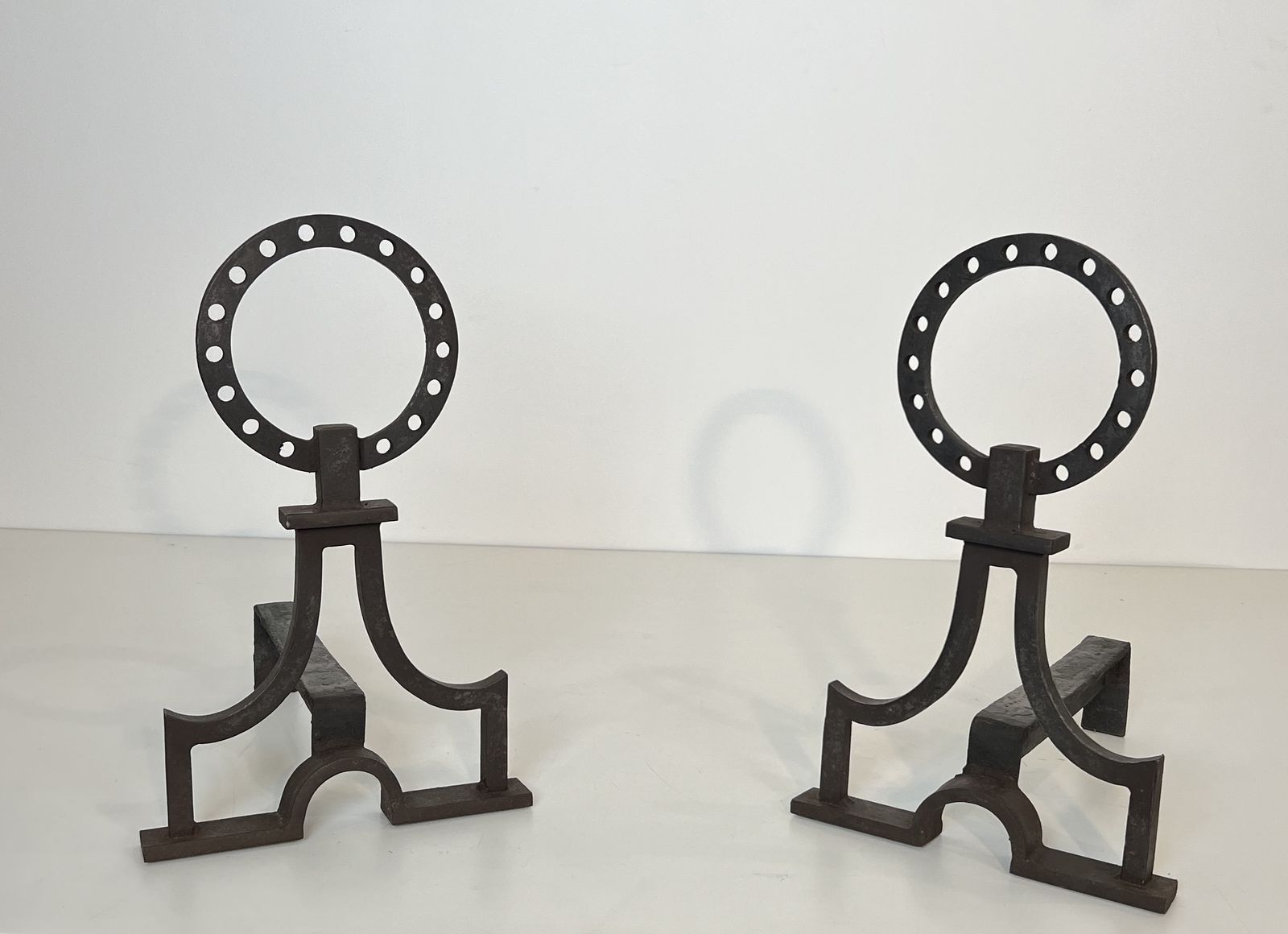 Pair Of Modernist Wrought Iron Andirons In The Style Of Gilbert Poillerat photo for sale