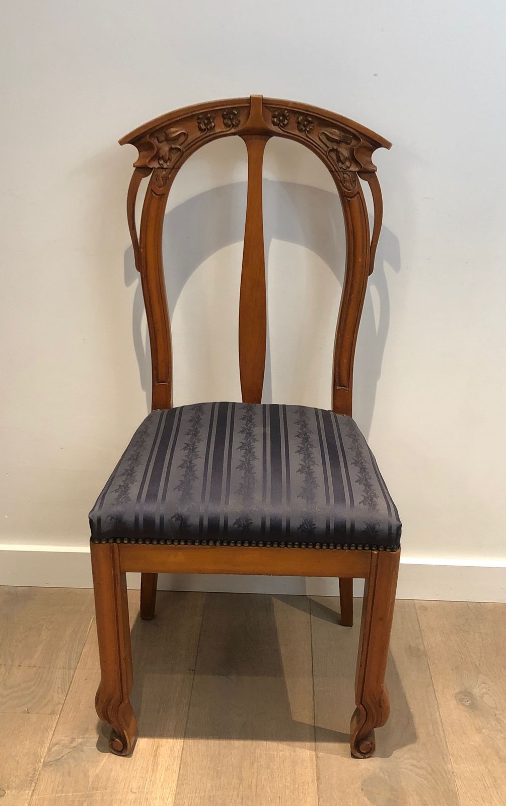 Set Of 4 Cherry Wood Chairs Decorated With Flowers And Plants From The Art Nouveau Period photo Furniture